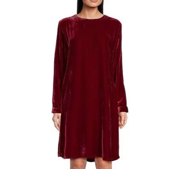NWT Eileen Fisher Ruby Crew Neck Velvet Silk Long Sleeve Shift Dress Size Small - Picture 1 of 9